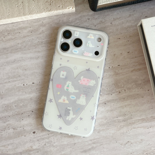 Minimalist Cream Cat Lover Case: Heart Patterned Protective Shell for iPhone 13-17 Series