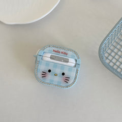 Blue plaid Kitty face magnetic rhinestone earphone case