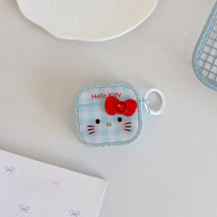 Blue plaid Kitty face magnetic rhinestone earphone case