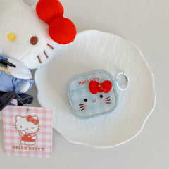 Blue plaid Kitty face magnetic rhinestone earphone case
