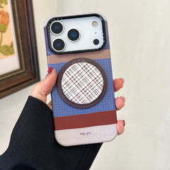 Brown, blue, and white striped phone case with magnetic stand
