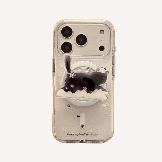 Winter Snowflake Black Cat and White Dog Magnetic Round Phone Case