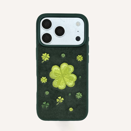 Green four-leaf clover embroidered phone case