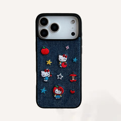 Blue and black Kitty embroidered denim phone case