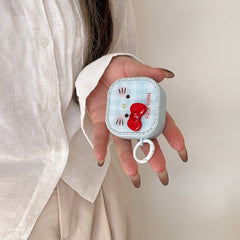 Blue plaid Kitty face magnetic rhinestone earphone case