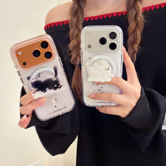 Winter Snowflake Black Cat and White Dog Magnetic Round Phone Case