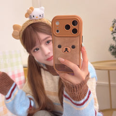 Brown plaid Rilakkuma emoji/Brown leopard print Kitty emoji rounded 3D phone case