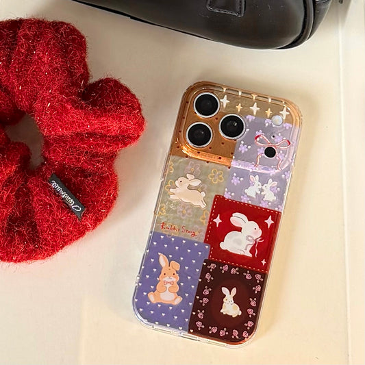 Aesthetic Red-Purple Floral Bunny Case: 360° Protective Series with Charm Wristlet Chain for iPhone 13-17 Series | Vibrant Patchwork Design