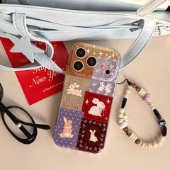 Aesthetic Red-Purple Floral Bunny Case: 360° Protective Series with Charm Wristlet Chain for iPhone 13-17 Series | Vibrant Patchwork Design