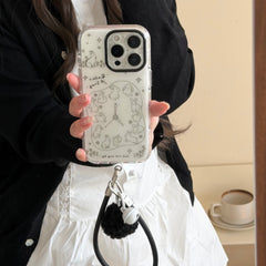 Aesthetic Bunny Clock Case: 360° Protective Series with Detachable Pom-Pom Lanyard for iPhone 13-17 Series | Quirky Line Art Design