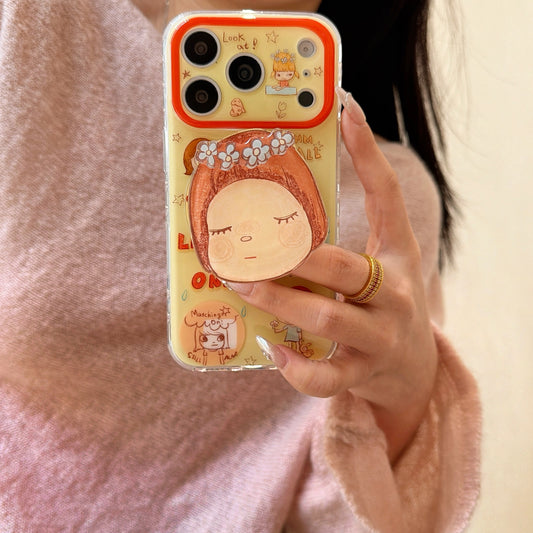 Yoshitomo Nara Inspired "Spring Day" Case | Aesthetic 3D Flower Grip Stand for iPhone 17 16 15 14 13 Pro Max | Artistic Designer Shell