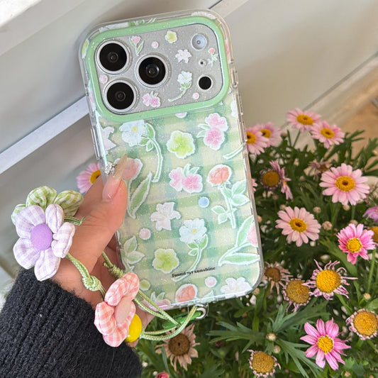Glitter Green Plaid Floral Phone Case for iPhone 13-17 Pro Max