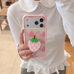 Sparkly Strawberry Case: Aesthetic Protective Series with 3D Grip Stand for iPhone 13-17 Series | Glitter Infused Fruit Design
