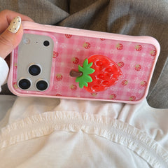 Sparkly Strawberry Case: Aesthetic Protective Series with 3D Grip Stand for iPhone 13-17 Series | Glitter Infused Fruit Design