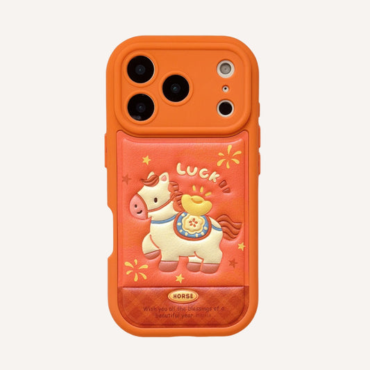 Orange-based 3D Apple phone case with gold ingot and pony design
