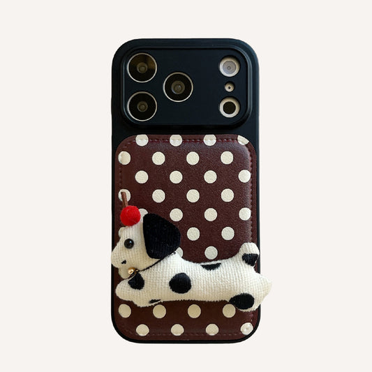 Burgundy polka dot + dog-shaped stand with large window phone case