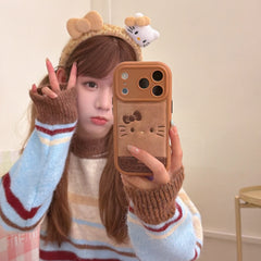 Brown plaid Rilakkuma emoji/Brown leopard print Kitty emoji rounded 3D phone case