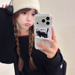 Winter Snowflake Black Cat and White Dog Magnetic Round Phone Case