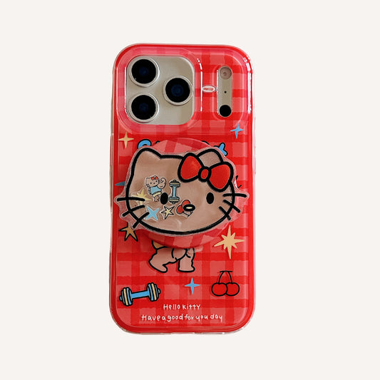 Red plaid Hercules Kitty phone case with magnetic stand