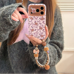 Pink leopard print brown kitty large window phone case