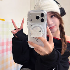 Winter Snowflake Black Cat and White Dog Magnetic Round Phone Case