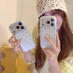 Luxury Rhinestone Star & Polka Dot iPhone Case with Integrated Lens Protector | Gilded Round Edge Shockproof Cover for iPhone 17 16 15 14 13 Pro Max