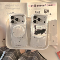 Winter Snowflake Black Cat and White Dog Magnetic Round Phone Case