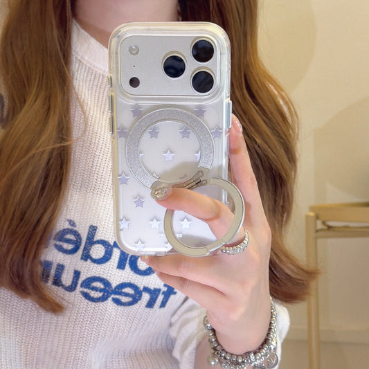 Semi-Transparent Silver Star Case | 360° Kickstand & Gold Trim