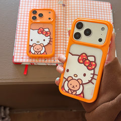 Orange-bordered Kitty hugging a bear rounded phone case