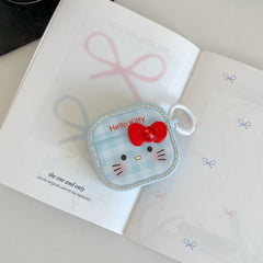 Blue plaid Kitty face magnetic rhinestone earphone case
