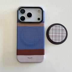 Brown, blue, and white striped phone case with magnetic stand