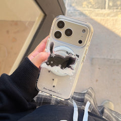 Winter Snowflake Black Cat and White Dog Magnetic Round Phone Case