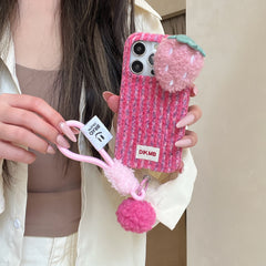 Color-blocked corduroy strawberry phone case