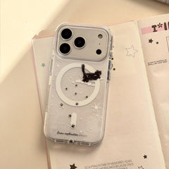 Winter Snowflake Black Cat and White Dog Magnetic Round Phone Case