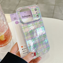 Purple and green checkered phone case with charm