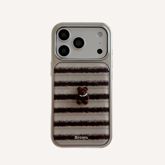Striped 3D Pearl Bear Phone Case with Silver Edge