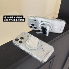 Winter Snowflake Black Cat and White Dog Magnetic Round Phone Case