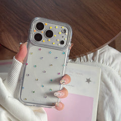 Luxury Rhinestone Star & Polka Dot iPhone Case with Integrated Lens Protector | Gilded Round Edge Shockproof Cover for iPhone 17 16 15 14 13 Pro Max