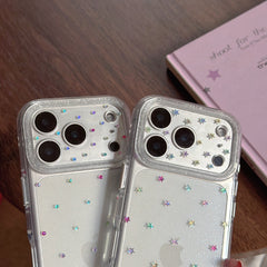 Luxury Rhinestone Star & Polka Dot iPhone Case with Integrated Lens Protector | Gilded Round Edge Shockproof Cover for iPhone 17 16 15 14 13 Pro Max