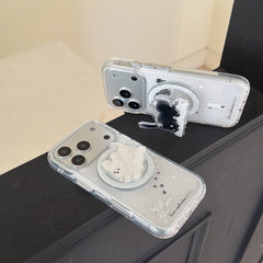 Winter Snowflake Black Cat and White Dog Magnetic Round Phone Case