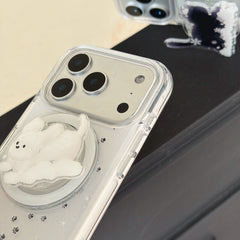 Winter Snowflake Black Cat and White Dog Magnetic Round Phone Case