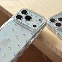 Luxury Rhinestone Star & Polka Dot iPhone Case with Integrated Lens Protector | Gilded Round Edge Shockproof Cover for iPhone 17 16 15 14 13 Pro Max