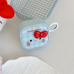 Blue plaid Kitty face magnetic rhinestone earphone case