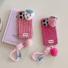 Color-blocked corduroy strawberry phone case