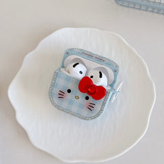 Blue plaid Kitty face magnetic rhinestone earphone case