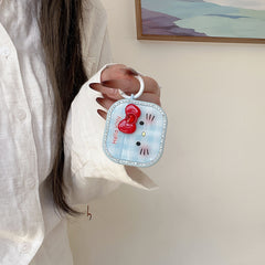 Blue plaid Kitty face magnetic rhinestone earphone case