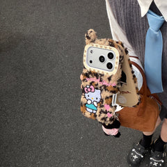 Plush embroidered leopard print Kitty flip phone case