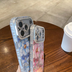 Oil painting-inlaid rhinestone flower glitter transparent case