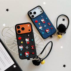 Blue and black Kitty embroidered denim phone case