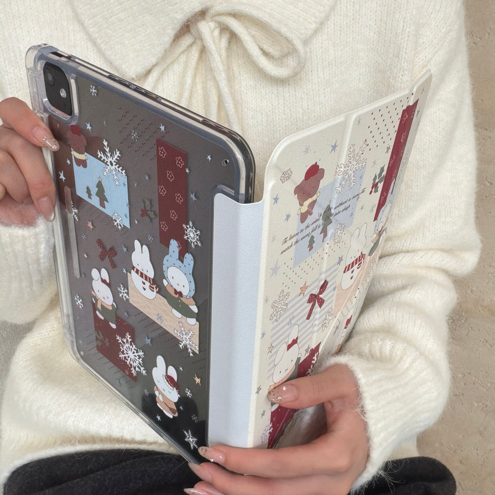 Close-up view of a magnetic detachable Miffy iPad case being opened, highlighting the seamless connection between the cute printed front folio and the clear shockproof back.